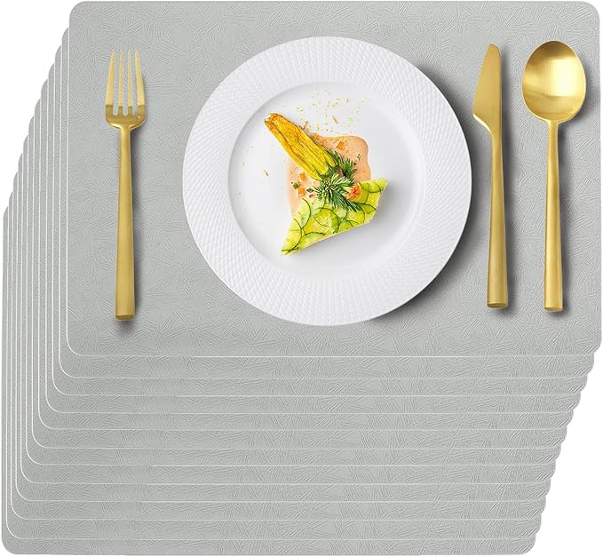 Vinyl Placemats Set of 12 Faux Leather 100% Waterproof Wipeable Washable Place Mats Heat Resistant Easy Clean Non-Slip Table Mats for Indoor Outdoor. (12, Light Gray)
