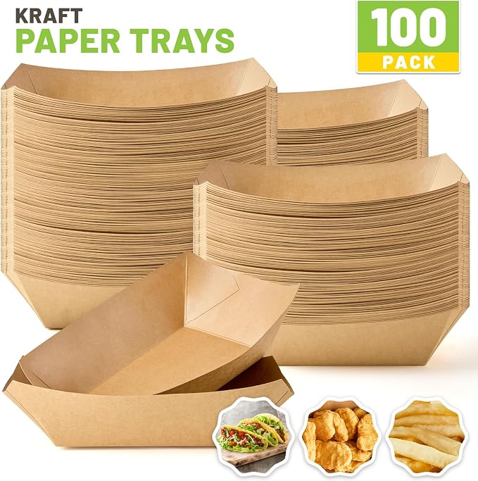 ZORRITA Large Paper Food Trays, 4 LB, 100 Pack | Disposable, Kraft Paper - Image 3