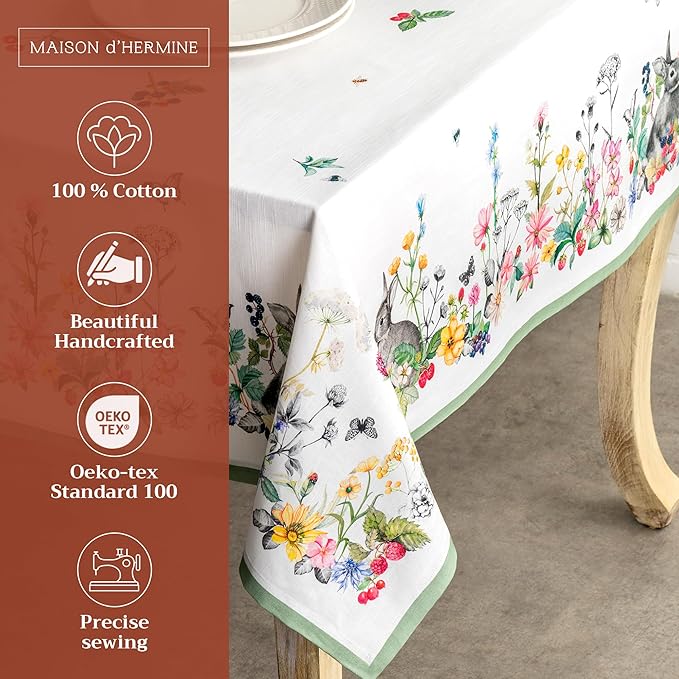 Maison d' Hermine Table Cloth Rectangle Table 100% Cotton 60 x 90 Inches Tablecloth Reusable Decorative for Dining Room Farmhouse Home Valentines Day Decorations Spring Summer - Printemps