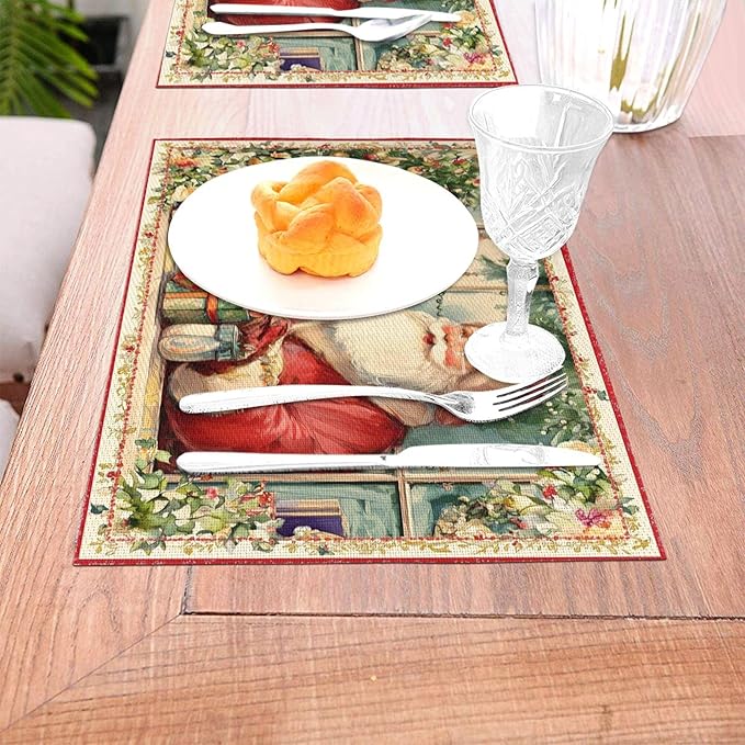 Christmas Santa Claus Placemats Set of 4 Washable Table Place Mats for Dining Kitchen Party Decor