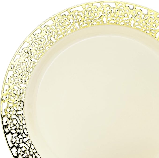 OCCASIONS 120 Plates Pack,(60 Guests) Premium Wedding Party Disposable Plastic Plates Set -60 x 10.25'' Dinner + 60 x 7.5'' Salad/Dessert (Florence Ivory/Gold)