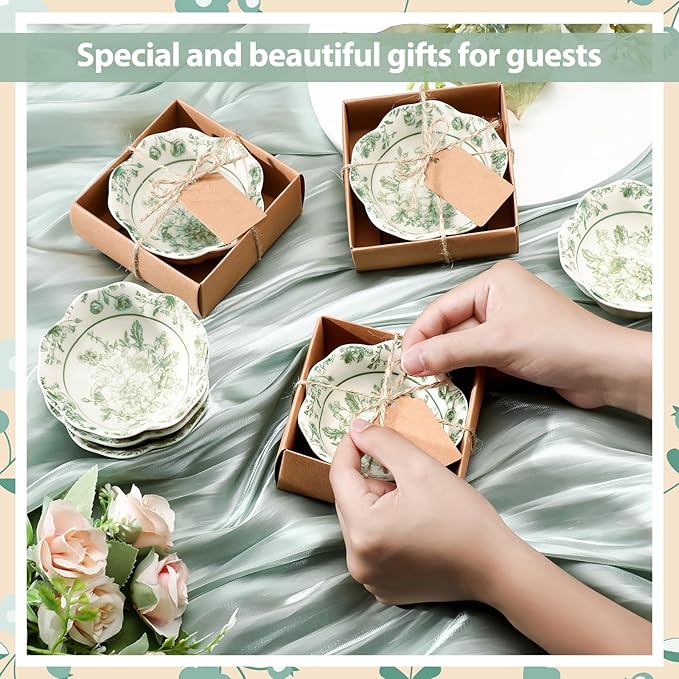 24 Pcs Wedding Favors for Guests Small Ceramic Bowl Bulk Gifts Set 3.3 Inch Floral Design Mini Dipping Sauce Dish with Card Box for Bridal Pooja Baby Shower Birthday Guest Gift (Sage Green)