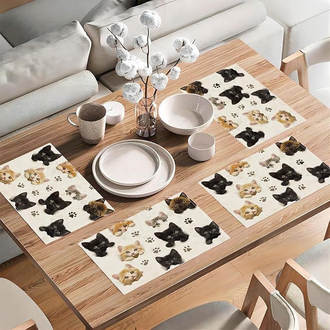 Cat Placemats Set of 4, Cute Black Cats Table Mats, Animal Washable Place Mats for Coffee Bar Home Party Indoor Kitchen Dining Table Decoration 12x18 Inch