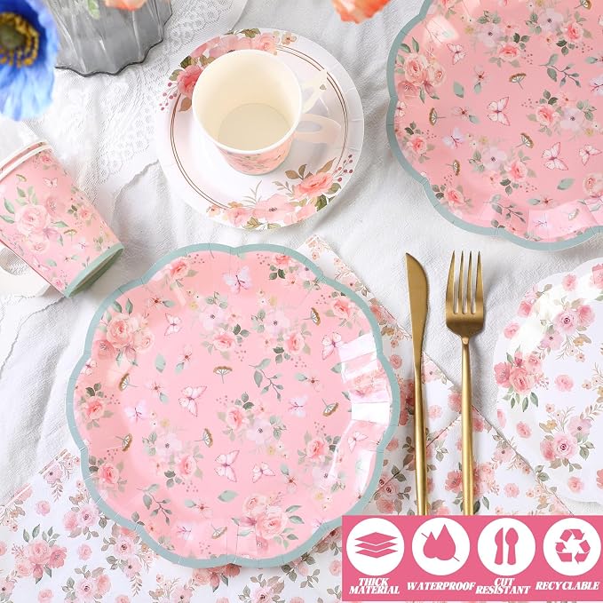 Pickmesh 252 Pcs Pink Floral Tea Party Supplies - Image 4