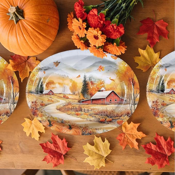 Grencian 50 Pcs Fall Landscape Oval Paper Plates Thanksgiving Oval Paper Plates 10" x 12" Large Disposable Heavy Duty Autumn Scenery Platters for Fall Theme Party Harvest Holiday Party Supplies