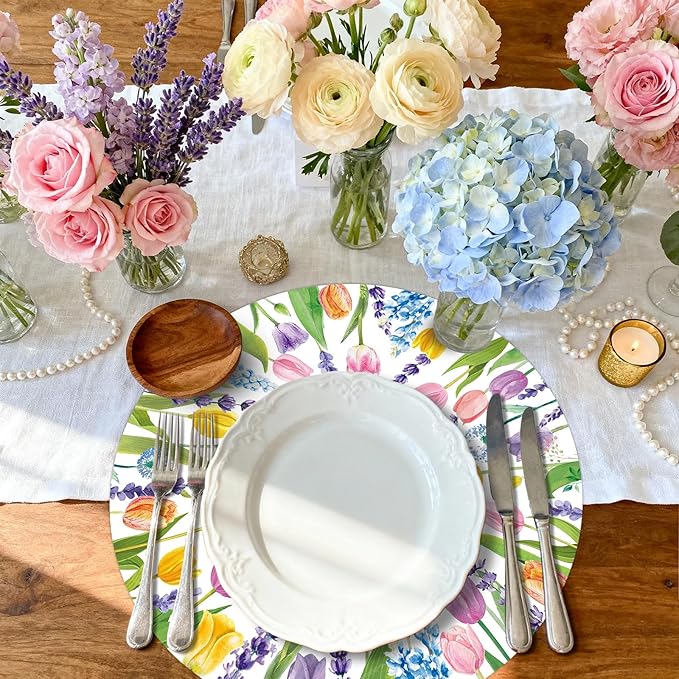 50PCS Watercolor Floral Disposable Paper Placemats - Spring Tulip & Lavender Round Table Mats for Birthday Wedding Baby Shower Party Decoration