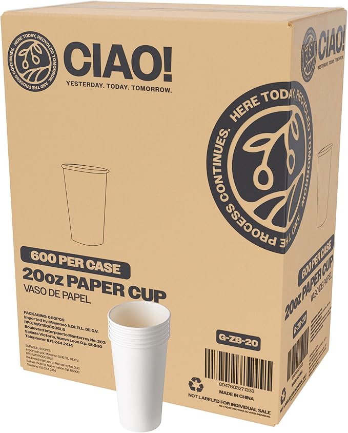 CIAO! 20oz White Paper Hot Cup, Disposable, 90mm Diameter 600 Count