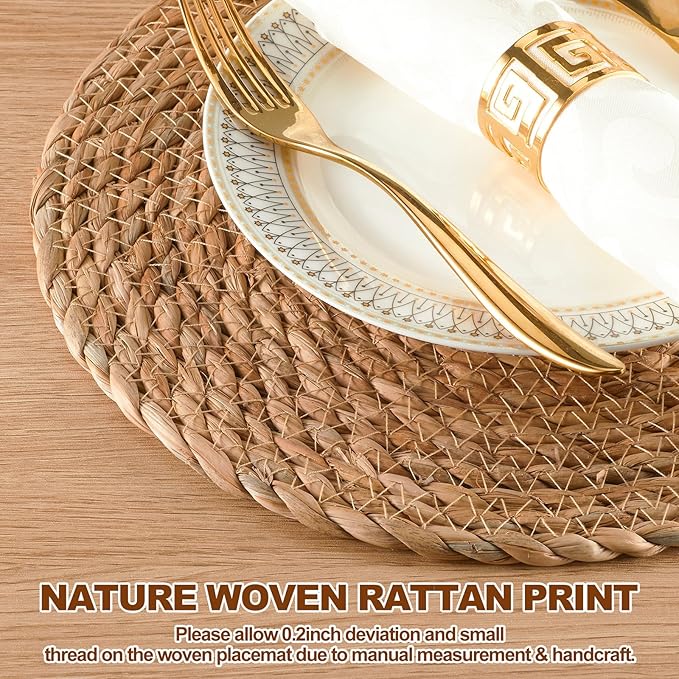 Round Woven Placemats 13.5 inch Set of 6 - Boho Rattan Placemat Natural Water Hyacinth Placemats, Farmhouse Weave Place Mats, Rustic Braided Wicker Table Mats for Dining Table,Home,Wedding