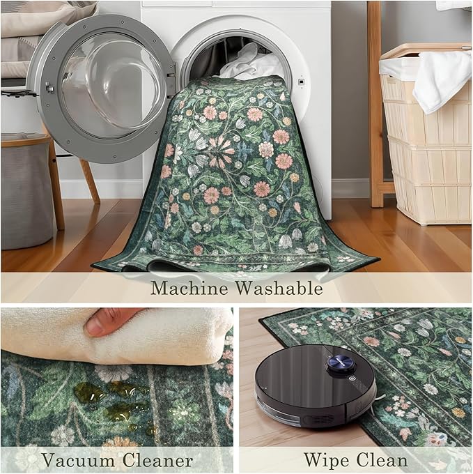 Green Floral 5x7 Area Rugs for Living Room Large Washable Rug Vintage Forest Low Pile Non Slip Stain Resistance Soft Carpet for Dining Room, Bedroom, Office Rug, Kids Room, Nursery Room, Playroom