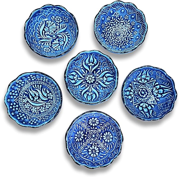 Handmade Decorative Turkish Ceramic Mini Pinch Bowls Set of 6 – Small Dipping & Serving Sauce Bowls, Blue Charcuterie Accessories, Hand-Painted Floral Pattern Snack Dishes for Kitchen & Table Decor