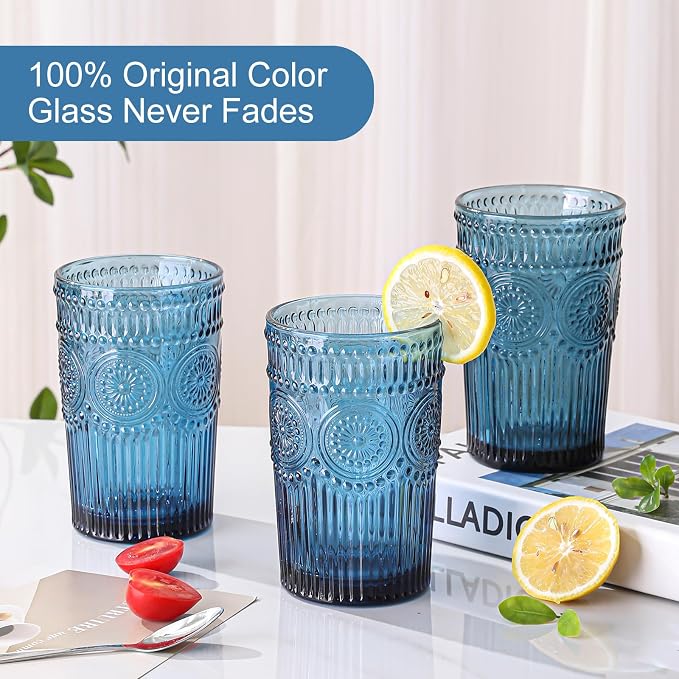 ZMOWIPDL Drinking Glasses Set of 6, 13oz Flower Design Blue Glass Cups | - Image 3