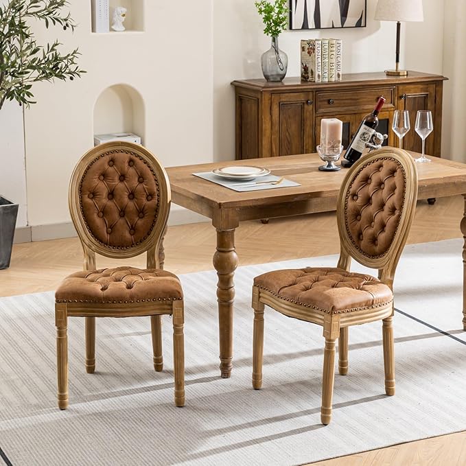 Vintage French Dining Chairs Set of 6, Round Back PU Leather Upholstered Accent Chairs with Nailhead Trim and Solid Wood Frame, Farmhouse Sillas de Comedor for Dining Room & Kitchen, Whiskey Brown