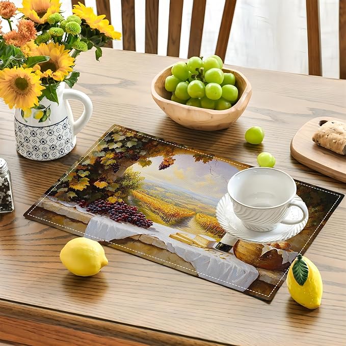 Wine Placemats Set of 4, French Country Grape Place Mats, Grapes Waterproof Washable Table Mats for Home Party Indoor Kitchen Dining Table Decoration 12x18 Inch