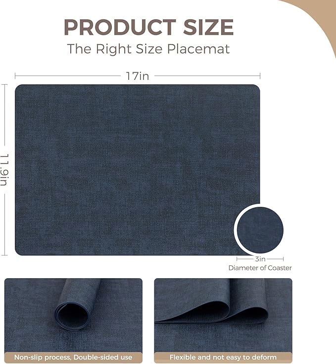Vinyl Placemats Set of 12, Faux Leather Waterproof and Heat Resistant Place Mats, Washable Anti-Slip Table Mats with Coaster, Wipeable Placemats for Indoor & Outdoor 17" x 12" (Navy Blue, Set of 12)