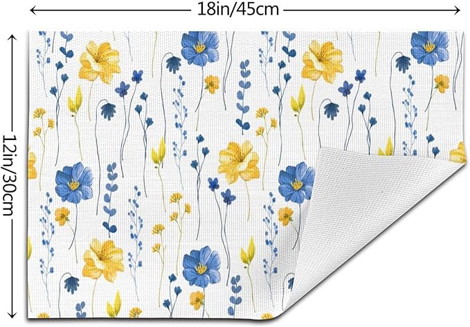Navy Blue Yellow Flower Placemats Set of 4 12"x18", Watercolor Floral Decorative Table Mats for Kitchen Dining Table Spring Summer Place Mats Heat Resistant Washable