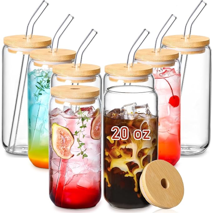 VITEVER 20 OZ Glass Cups with Bamboo Lids and Glass Straw by VITEVER