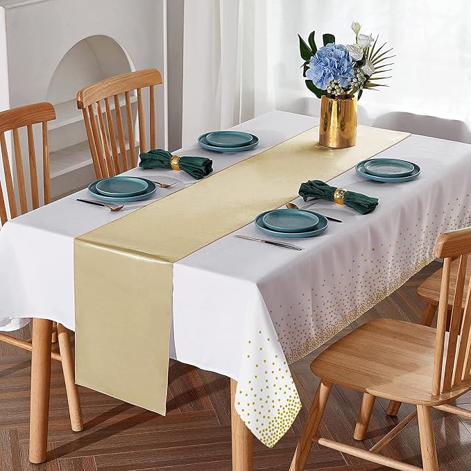 12Pack Disposable Plastic Tablecloths and Satin Table Runner Set White and Gold - Image 4