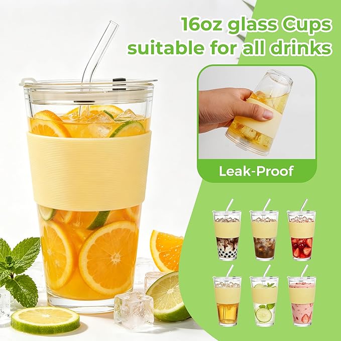 Birity 16oz Glass Cup with Lid and Glass Straw, Reusable Iced Coffee Cups - Image 4