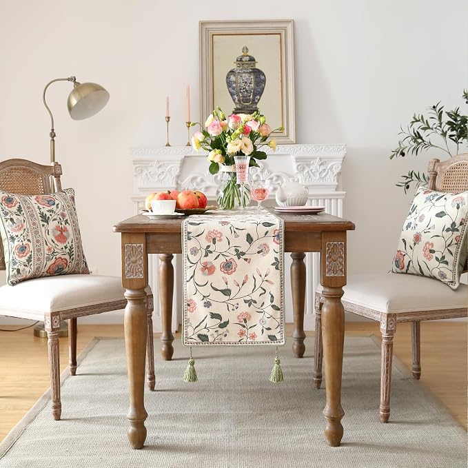 Designer Vintage Linen Extra Long Table Runner, Floral Pattern, Dining Table - Image 3