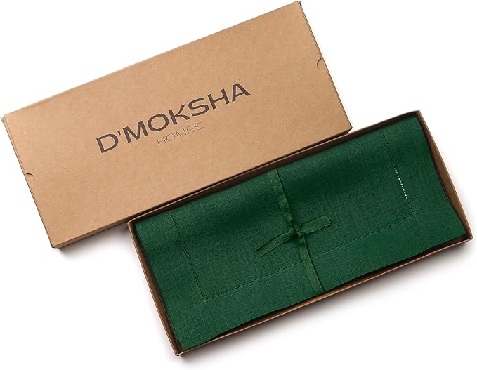 D'Moksha Homes Linen Forest Green Table Runner 144 Inches Long - 100% Pure Linen Extra Long Table Runner 14 x 144 Inch for St Patricks Day, Easter - Classic Hemstitch