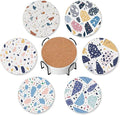 6 Pcs Terrazzo Ceramic Coasters with Holder Absorbent Drink Coasters,Modern Sandstone Round Ceramic Stone Coaster with Cork Base,Tabletop Protection Mat for Mugs and Cups,Office,Kitchen