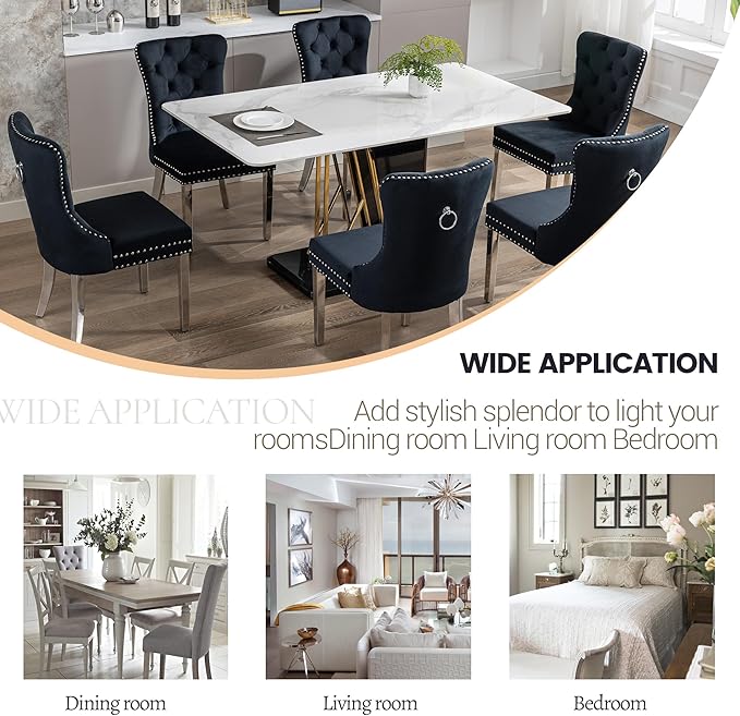 KCC Velvet Dining Chairs Set of 4, Upholstered High-end Tufted Dining Room Chair with Nailhead Back Ring Pull Trim Stainless Steel Legs, Contemporary Nikki Collection Modern Style for Kitchen, Black