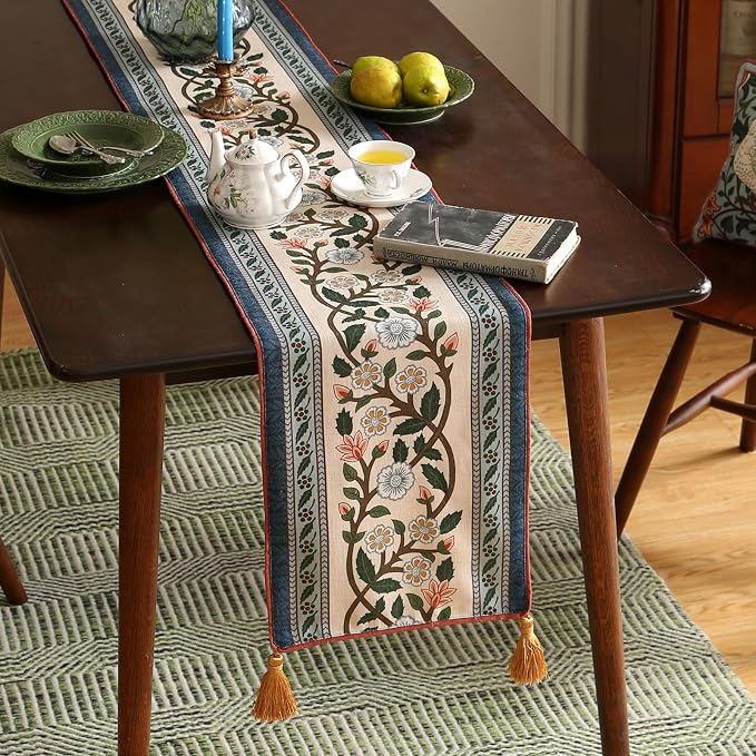 Designer Vintage Linen Long Table Runner, Floral Pattern, Dining Table - Image 2
