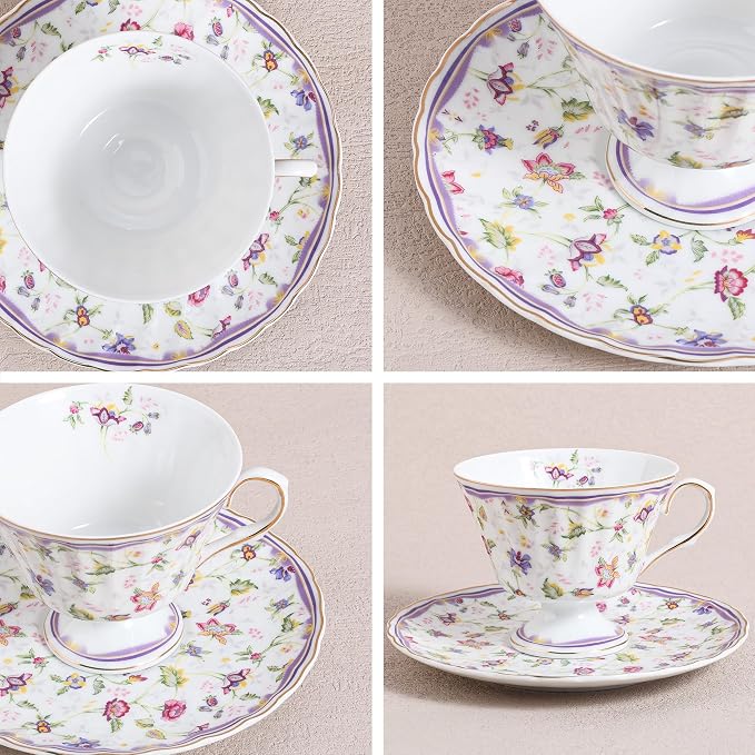 fanquare 5 Ounces Purple Floral Vines Porcelain Tea Cup and Saucer | Country - Image 2