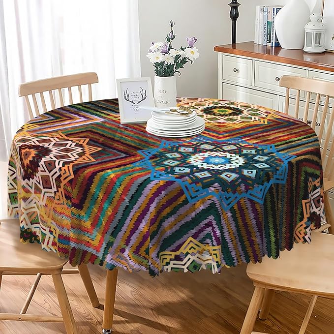 Laeacco 48 Inch Colorful Patchwork Round Tablecloth Woven Flowers Geometric Abstract Art Print Table Cloth Washable Waterproof Wrinkle Free Table Cover for Kitchen Dining Picnic Party Decoration
