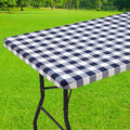 Smiry Rectangle Picnic Table Cloth, Elastic Waterproof Fitted Vinyl Tablecloths, Flannel Backed Buffalo Plaid Table Covers for Dining, Camping, Outdoor (White and Navy, 36" x 96")