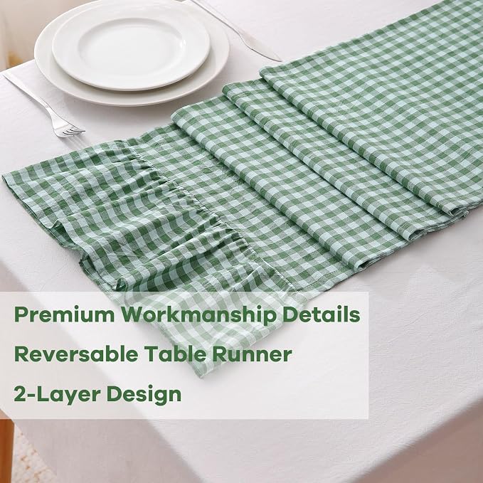 Christmas Green White Plaid Gingham Ruffle Table Runner 108 inches Long 100% - Image 5