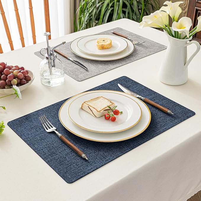 Romanstile Reversible Vinyl Placemats Set of 6, Faux Leather 100% Waterproof Oil-proof Wipeable Place Mats, Heat Resistant Dual Sided Table Mats for Kitchen/Dining/Party (Grey Nave Blue, 12 x 17 Inch)