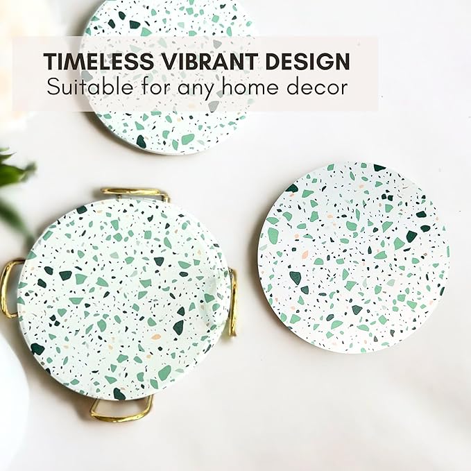 Terrazzo Coasters Set of 6, Ceramic Absorbent Drink Coasters, Cute Moisture Absorbing Coaster, Coffee Table Desk Decor, Colorful Stone Coaster for Drinks (Sage)