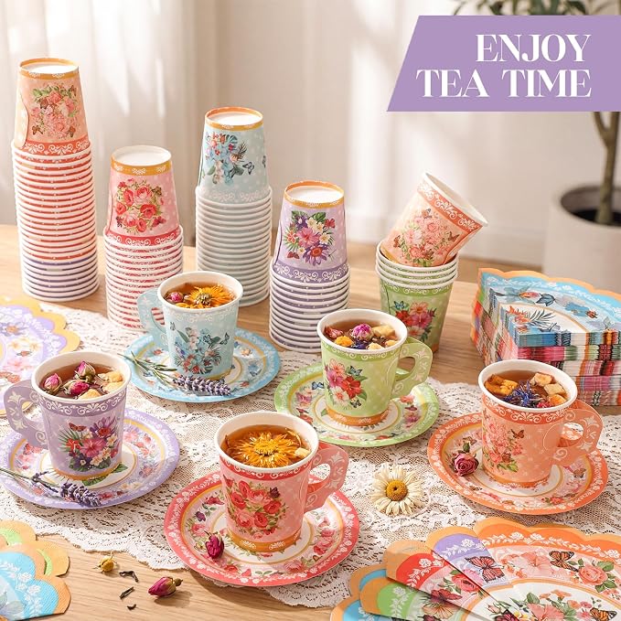 Nuogo 300 Pcs Vintage Floral Disposable Tea Party Set - Image 6