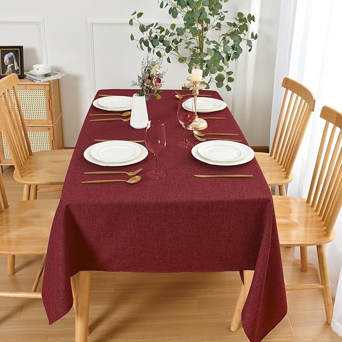 JIUZHEN Red Rectangle Tablecloth, Faux Linen, 52 x 70 Inch, Wrinkle & Spill-Resistant, Farmhouse Style, Perfect for Dining, Parties & Camping