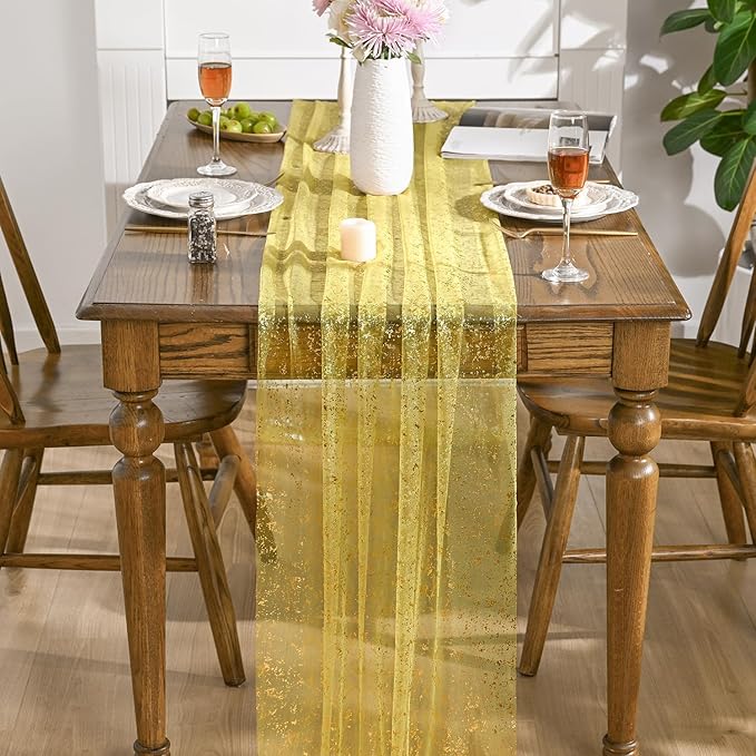 Artoid Mode Light Yellow Gold Gauze Table Runner 120 Inch 10FT, Glitter Metallic Foil Sheer Dining Wedding Anniversary Holiday Birthday Table Decor for Home Party
