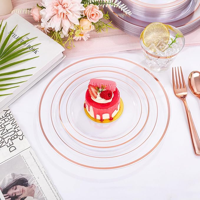 bUCLA 300PCS Rose Gold Plastic Dinnerware - Clear Dinnerware Set Disposable Include 50 Dinner Plates,50 Dessert Plates,50 Knives,50 Forks,50 Spoons,50 Cups for Party, Wedding & Valentines Day