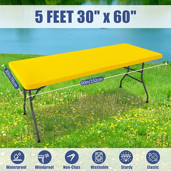 Spandex 5 Foot Rectangle Table Cloth 2 Pack, Elastic Fitted Tablecloths for Picnic, Stretch Washable Patio Table Cover for Outdoor, Camping, Banquet and Parties (Yellow, 30"x60")