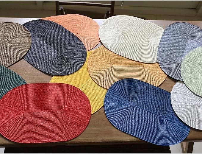 FunWheat Oval Braided Placemats Set of 4 Table Mats for Dining Tables Washable Heat Resistant Place Mats for Indoor Outdoor Use 12 x18 Inch(Oval White, 4pcs)
