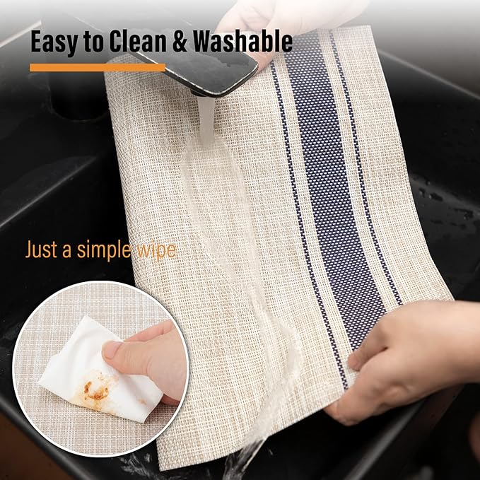Winknowl Placemats Set of 6, Heat Resistant Non-Slip Vinyl Woven Table Mats for Dining Table, Washable Durable Elegant Place Mats for Kitchen Indoor/Outdoor Use (Beige Blue)