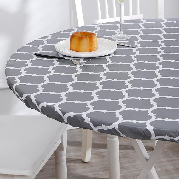 Walrus Round Vinyl Fitted Tablecloth with Flannel Backing Elastic Edge Design Table Cover Waterproof Oil-Proof PVC Table Cloth Stain-Resistant Best for 57"-66" Round