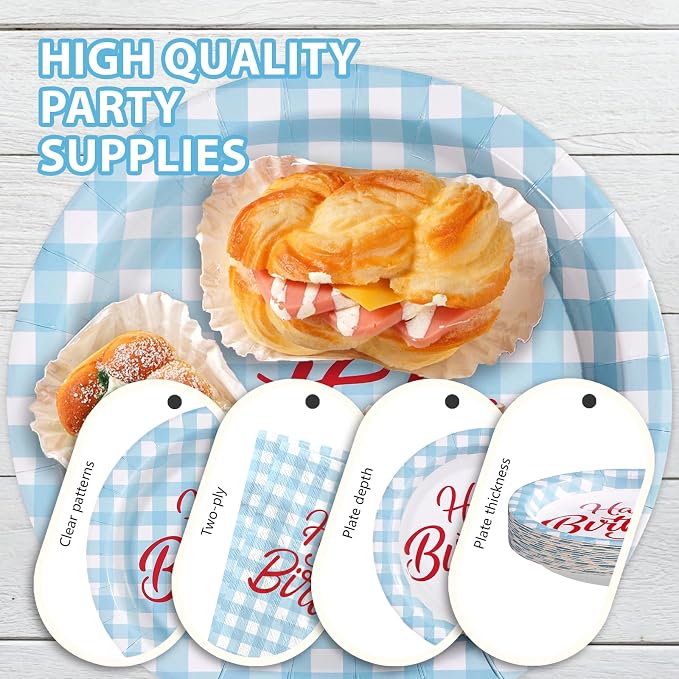 96 Pcs Blue Gingham Birthday Party Decorations, Serves 24 | Blue and White - Image 6