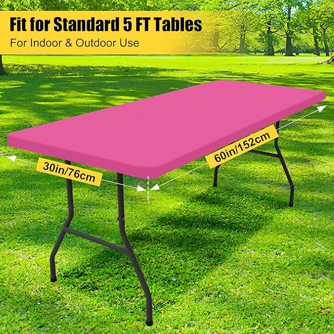Smiry Rectangle Picnic Table Cloth, Waterproof Elastic Fitted Tablecloths for 5 Foot Tables, Washable Polyester Table Cover for Camping, Indoor and Outdoor (Rose Pink, 30"x60")