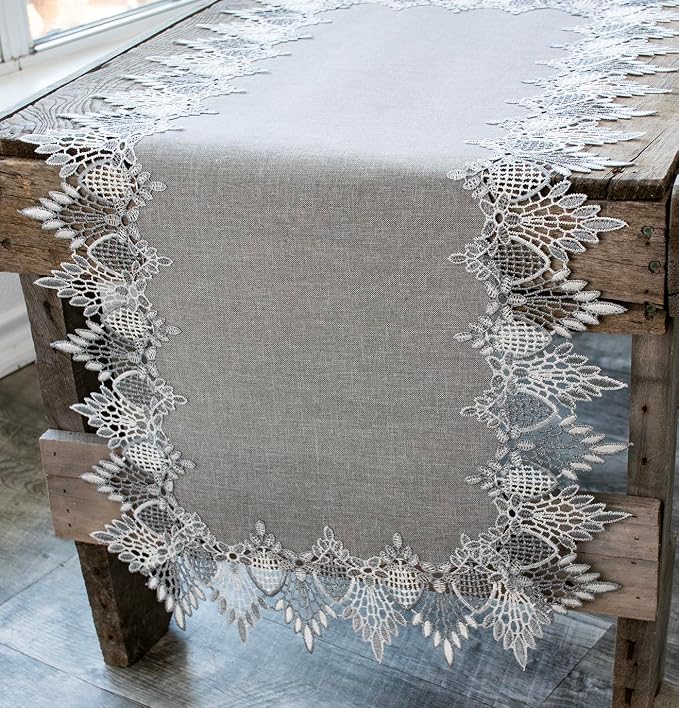 Lace Runner Earth Tone Silver Lace on Silver Fabric Table Runners, Dresser Scarf - Image 4