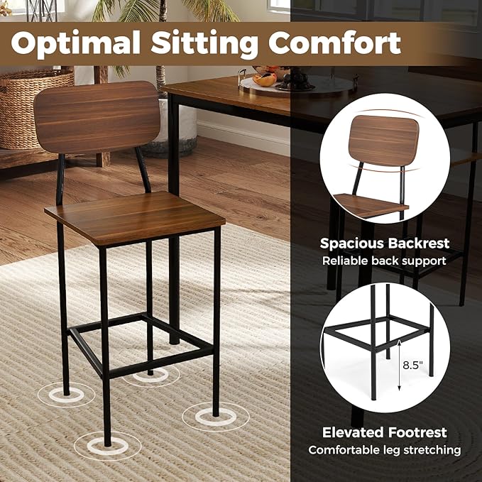 COSTWAY Dining Table Set for 4, 5-Piece Square Kitchen Nook Dinette Set with 4 Bar Stools with Footrest, Backrest, Space-Saving Design, Industrial Kitchen Table and Chairs for Apartment, Brown
