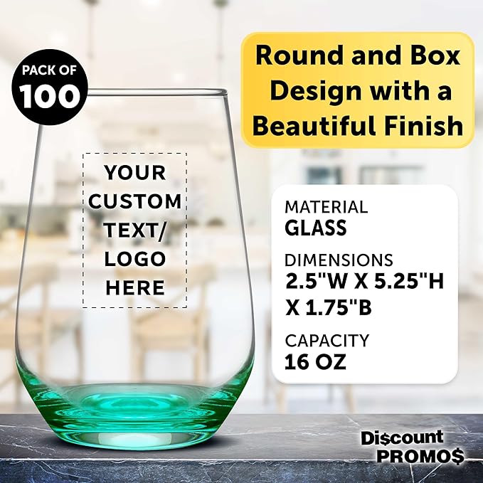 DISCOUNT PROMOS 100 Vaso Silicia Stemless Wine Glasses Set, 16 oz. - Personalized Text, Logo - Clear, Orb-Like, Thick base - Green