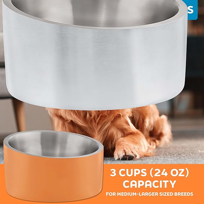 Master Pet Supply Stainless Steel Slanted Dog Cat Food Bowl - 24 oz Heavy Duty - Stainless Steel, Double Wall Insulated, Non-Slip Elevated Bowl for French Bulldogs Pugs Cats, Anti Rust Dishwasher Safe