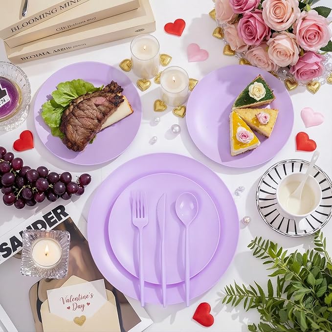 EI 150pcs Purple Plastic Plates for Party,Fancy Disposable Plates,Heavy Duty Plastic Dinnerware Set for Wedding,Easter,Afternoon Tea Party,Spring,Mother's Day,Valentine's Day