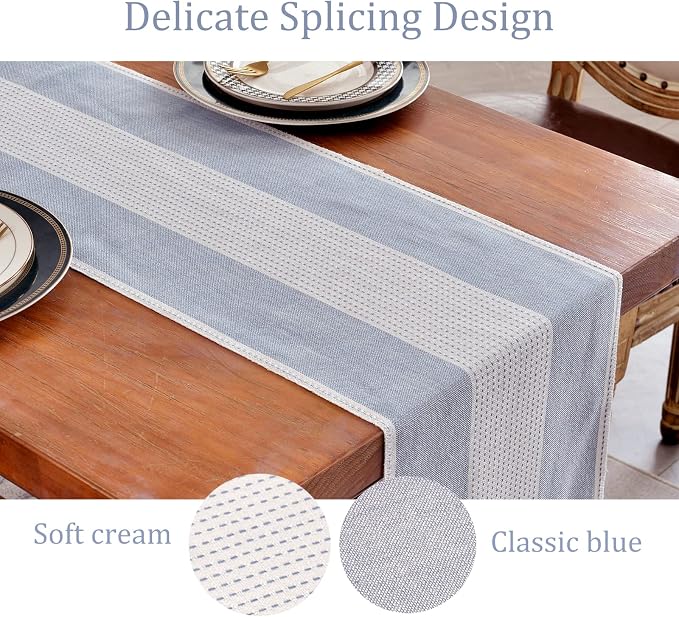 Wracra Linen Table Runner, Stripe Table Runners 48 Inches Long Blue | Delicate - Image 3