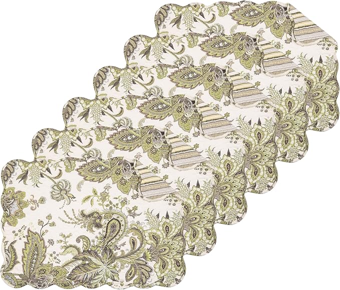 C&F Home 13" x 19" Amaya Reversible Scalloped Quilted Vintage Floral Flower Themed Jacobean Dining Tabletop Placemats Set of 6 All Seasons Spring Summer Home Kitchen Dinner Table Décor Decoration S/6